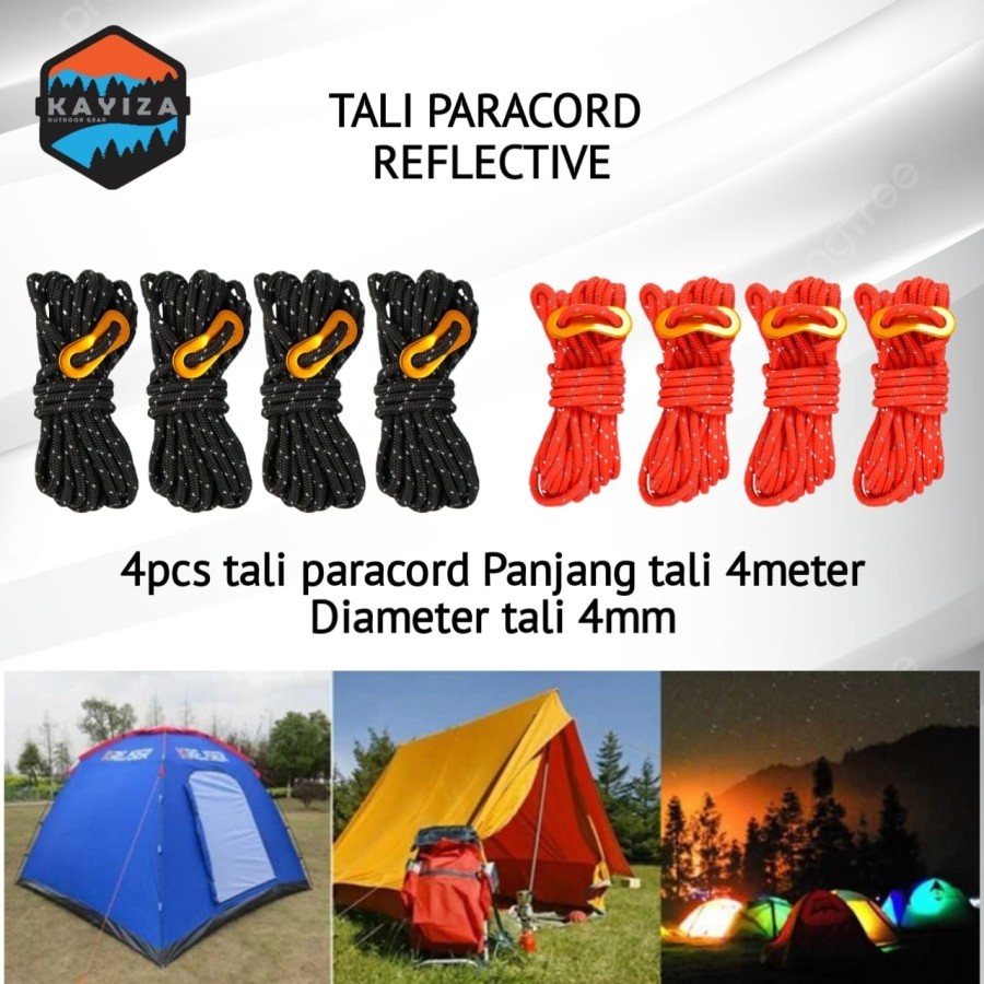 Tali Prusik Paracord Reflective Guyline 4mm isi 4 Pcs - Tali Pengencang Reflektif Tenda  - Tali Peng