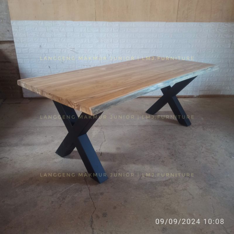 teak industrial dining table meja makan jati kombinasi kaki besi 200cm jati jepara