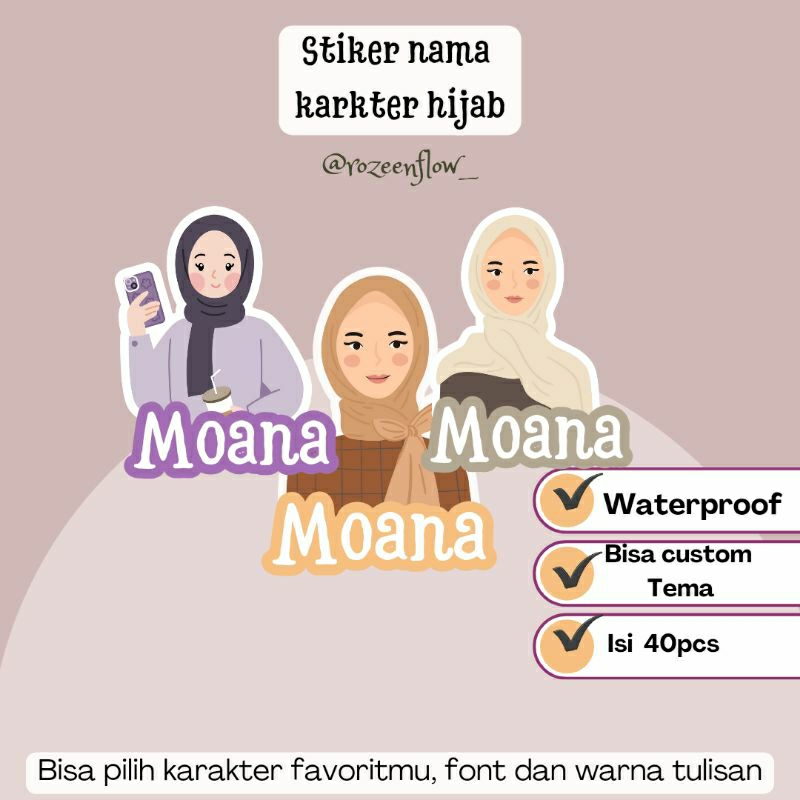 

STICKER NAMA HIJAB KARAKTER / STICKER CUSTOM / ATK / STIKER WATERPROOF / LABEL NAMA HIJAB KARAKTER