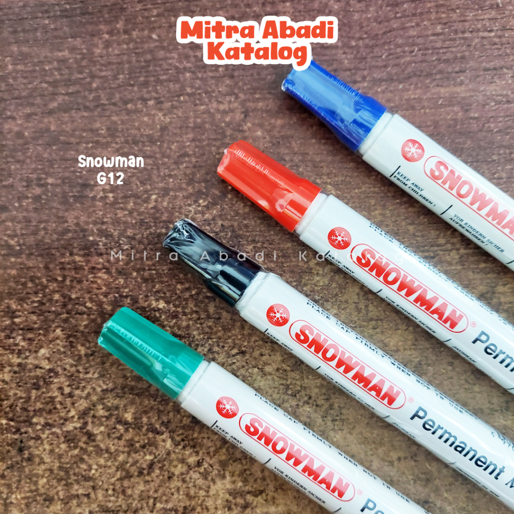 

SPIDOL PERMANEN SNOWMAN G12 / ORIGINAL WARNA TINTA HITAM BIRU MERAH HIJAU SEPIDOL MARKER PERMANENT TAHAN AIR ROUND TIP UJUNG BULAT SATUAN / MITRA ABADI KATALOG JOGJA