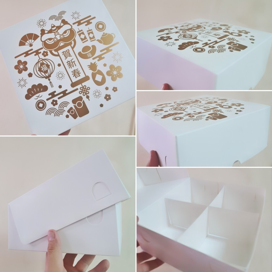 

(12pcs) Dus Imlek kemasan Lapis Legit Minichiffon Box Kotak Gold White Sekat 4 Motif Cny