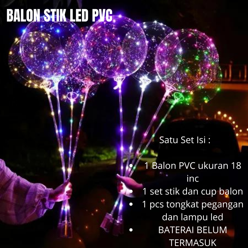 Balon Tongkat PVC LED - Lampu LED Baterai Warna Warni - Bentuk Bulat, Bintang, Hati - Mainan Aksesor