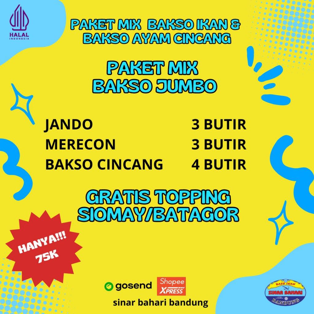 

Bakso ikan/bakso ayam PAKET MIX BAKSO JUMBO merecon jando cincang gratis topping siomay/batagor kemasan vacum