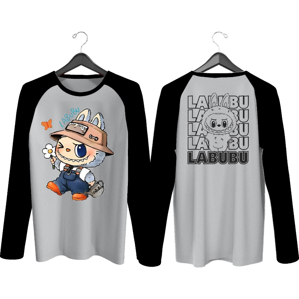 Kaos Atasan Raglan cewek Wanita Lengan panjang Kaos Wanita sablon labubu depan belakang/ Kaos oblong