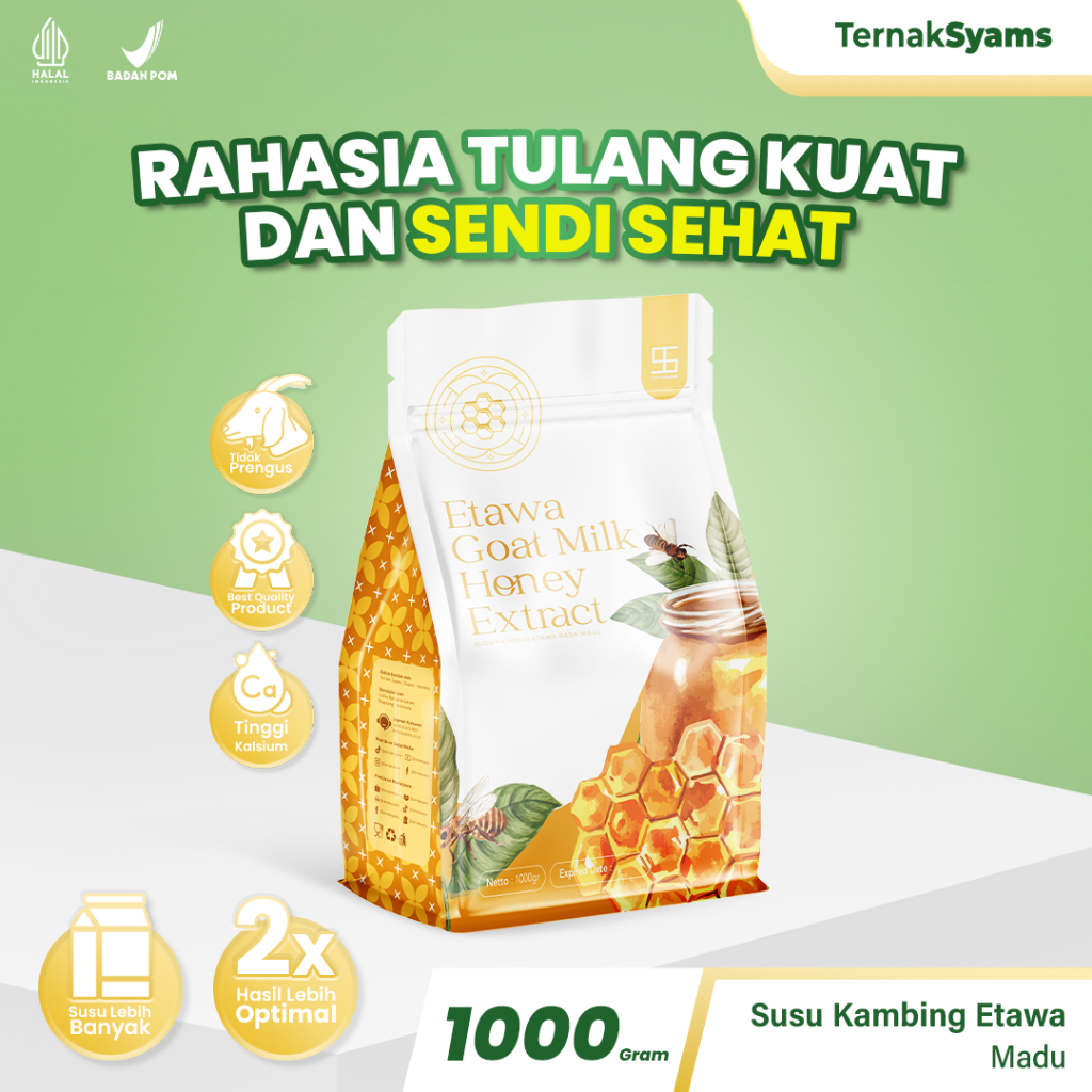 

Ternak Syams Susu Kambing Kambing Etawa Bubuk Rasa Madu 1KG alami rendah gula mengatasi asam urat nyeri sendi osteoporosis kebas keram kesemutan pengeroposan tulang gigi lansia pegel linu syaraf kejepit diabetes hipertensi herbal alami BPOM termurah