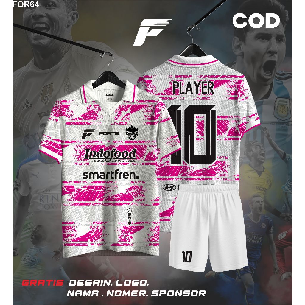 JERSEY FUTSAL CUSTOM KERAH FULL PRINTING NAMA DAN NOMOR PUNGGUNG WARNA PINK BAJU DAN CELANA KEREN