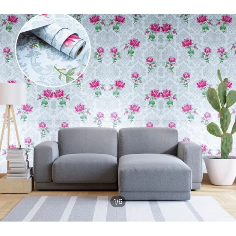 WALLPAPER DINDING STIKER MOTIF BUNGA MAWAR MERAH BATIK SILVER