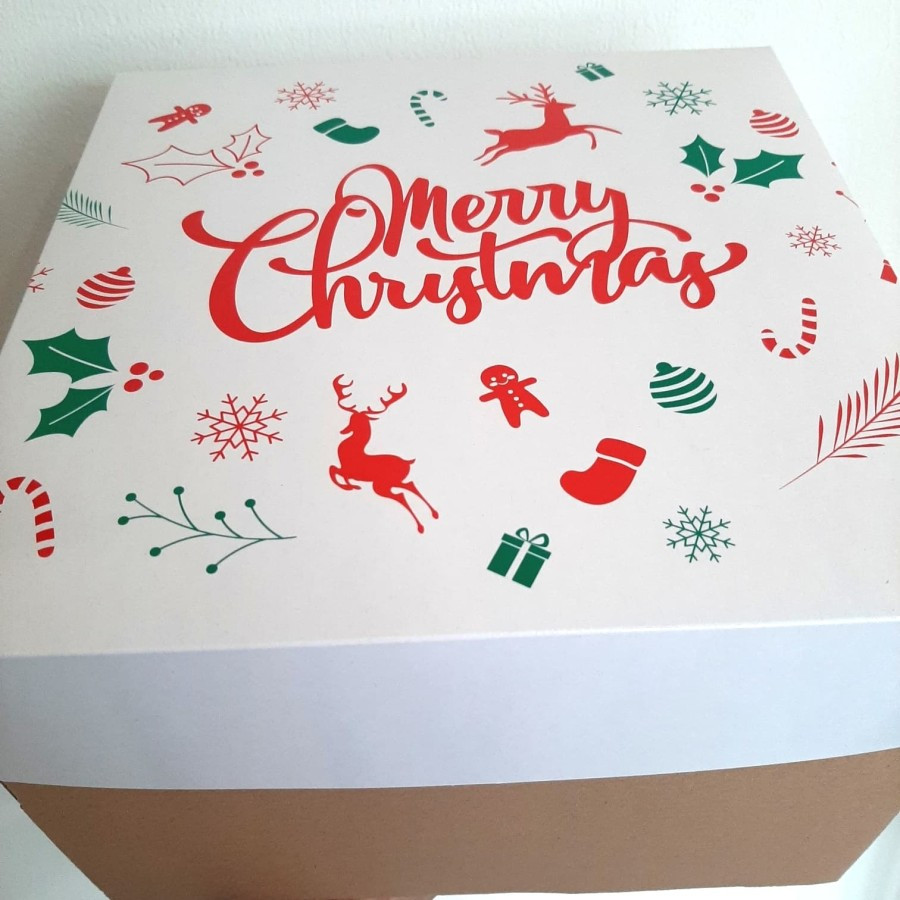 

Box Kue Natal Packaging Cake Ultah Lapis Legit Cookies Motif Christmas Merah Size 22x22x16cm