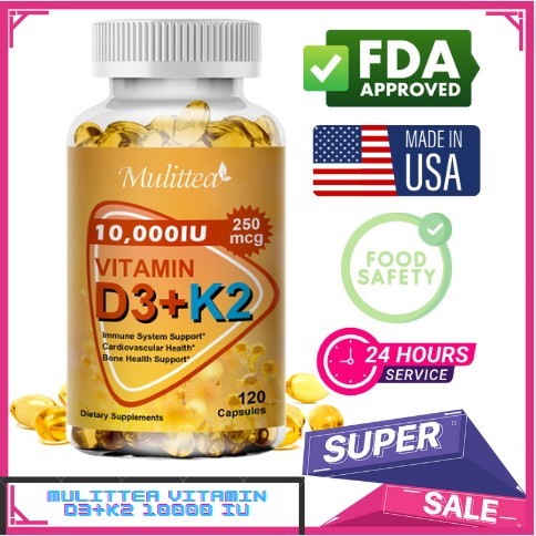 Mulittea 120pcs USA Vitamin D3 dengan vitamin K2 Penyerapan Kalsium, Kesehatan Tulang & Sendi,