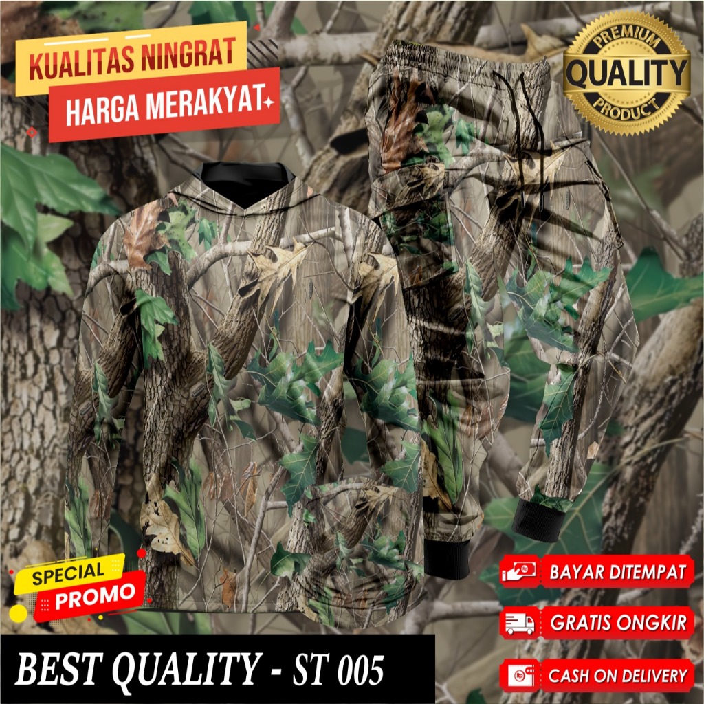Setelan Baju Camo Hoodie Berburu Hunting Baju Berburu Hutan Kamuflase 1 Set Buff Celana Camo ST-005