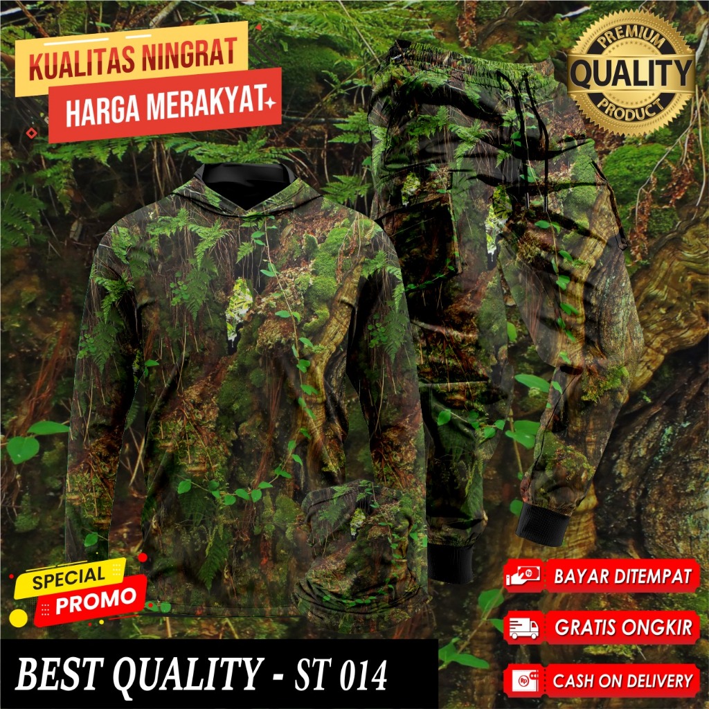 Setelan Baju Camo Hoodie Berburu Hunting Baju Berburu Hutan Kamuflase 1 Set Buff Celana Camo ST-014