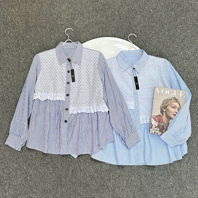 LUISA LACE SHIRT | Atasan Kemeja Stripe Renda Wanita