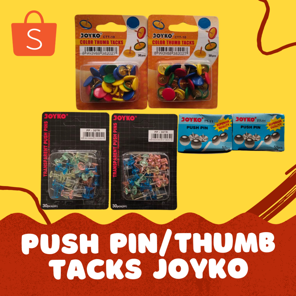 

Push Pin Thumb Tacks Joyko PP-30TR, CTT-10, TT-11 Besi & Warna Warni