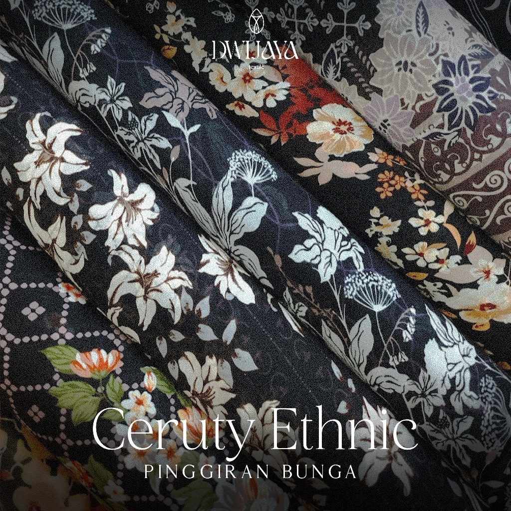 Bahan Kain Ceruti Ceruty Baby Doll Premium Motif Etnik Pinggiran Bunga Warna Dasar Hitam 0.5 meter