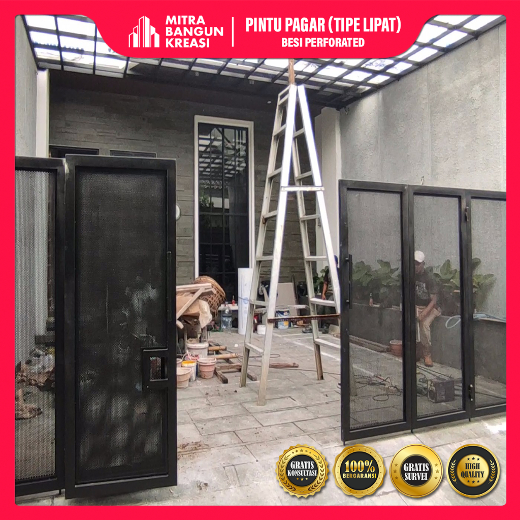 Pintu Pagar Besi Industrial Plat Perforated Tipe Lipat Modern Minimalis [GG020]