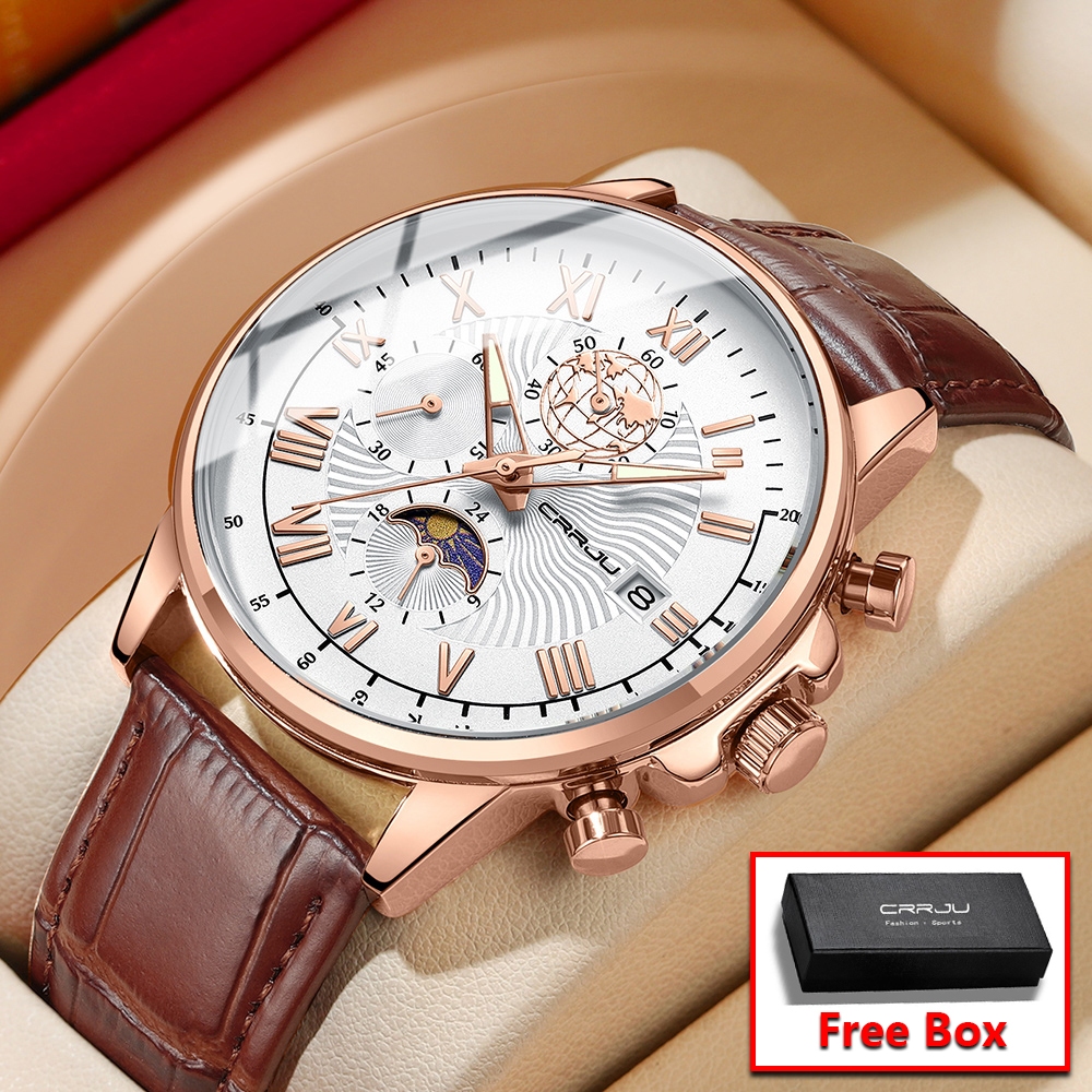 CRRJU Jam Tangan Pria Original Anti Air Tahan Kulit Analog Men Watch Hitam Putih Cod