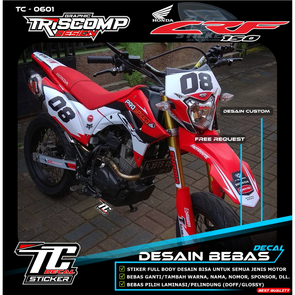 Sticker Fullbod Decal CRF 150 L motif simpel merah putih terbaru keren desain custom bisa request - 