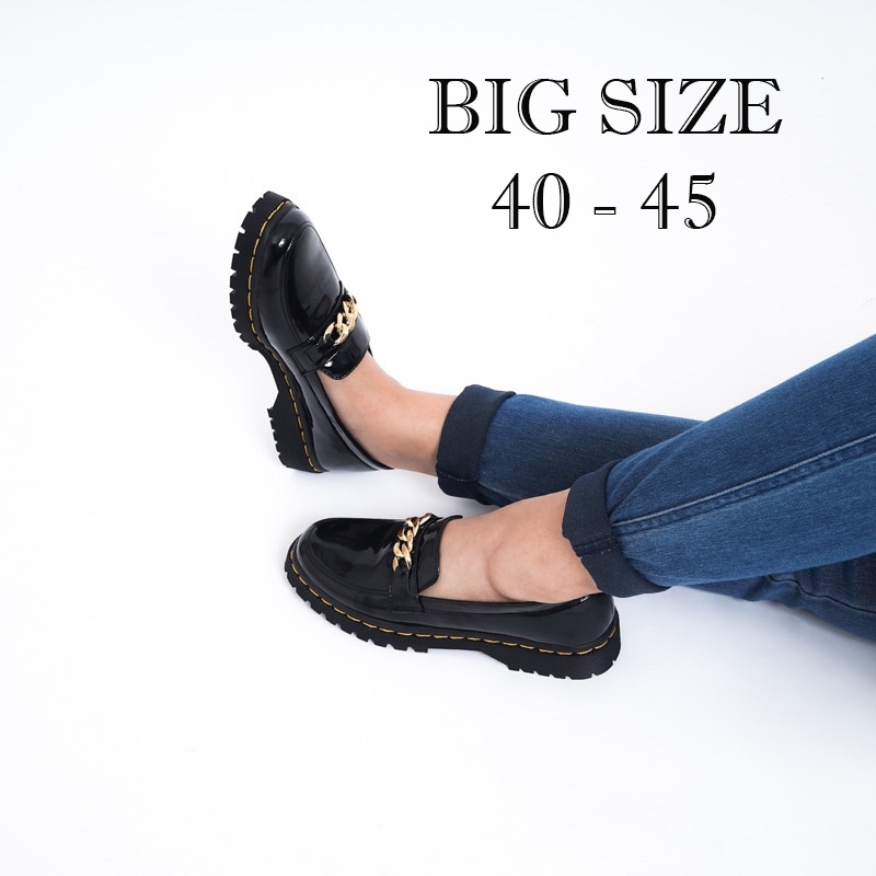 BIG SIZE - Sepatu Docmart Wanita Casual Pesta Loafer Black Glossy Ukuran 45.44.43.42.41 Besar Jumbo