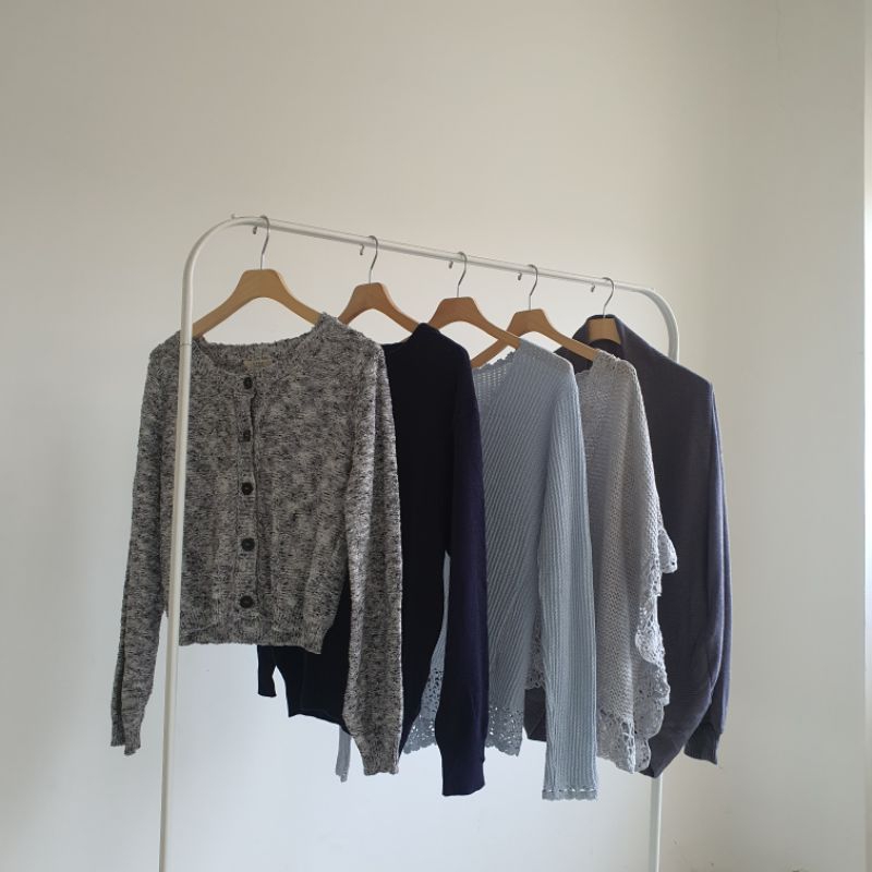 Thrift Premium | Cardigan Rajut | Knit Top | Crop Top | Grey | Blue