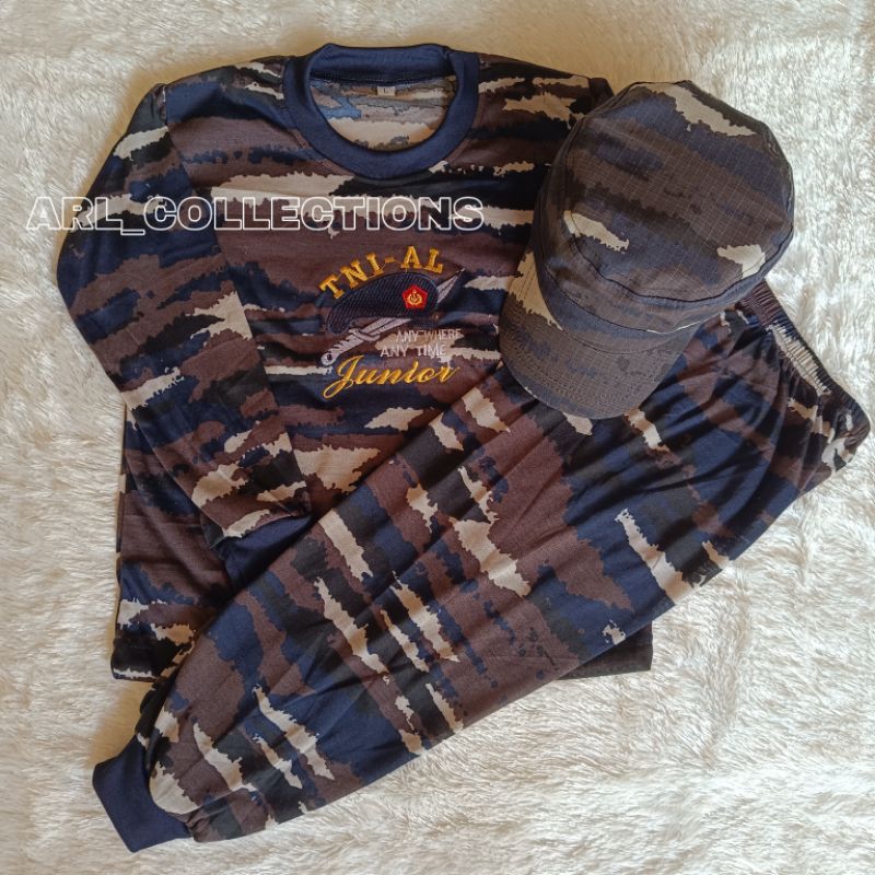 setelan kaos anak loreng tni al angkatan laut lengan panjang plus topi pet commando baju kids army s