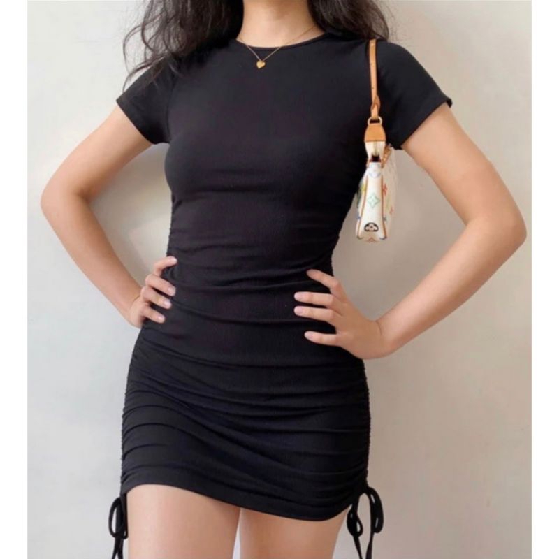 Baju Serut Bodycon Lengan Pendek Dress Serut Tali Samping Paha Pinggang Kanan Kiri