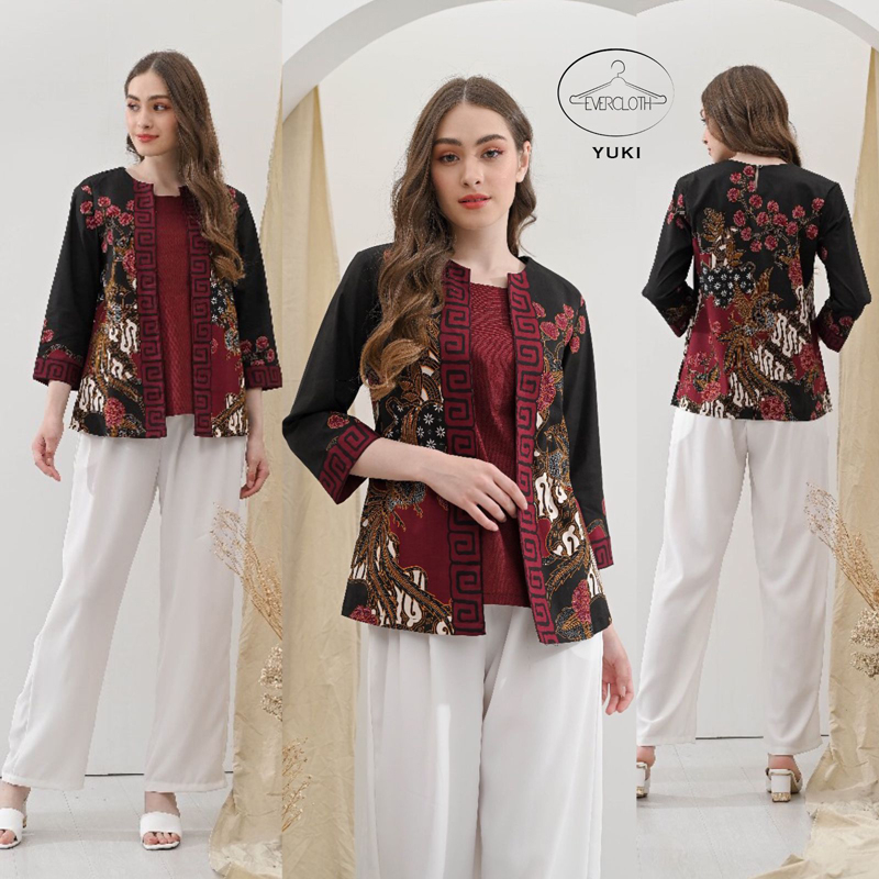 Evercloth Yuki Atasan Batik Lengan Panjang Blazer Kemeja Batik Panjang Blouse Batik Wanita Baju Batik