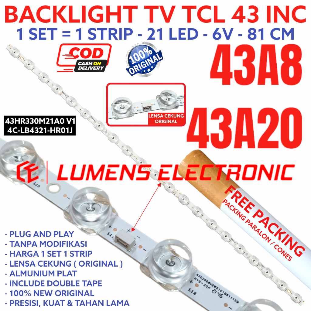 BACKLIGHT TV LED TCL 43 INC 43A8 43A20 43A 8 20 LAMPU BL 21K 21LAMPU 21LED 21 6V 6 VOLT LENSA KOTAK 