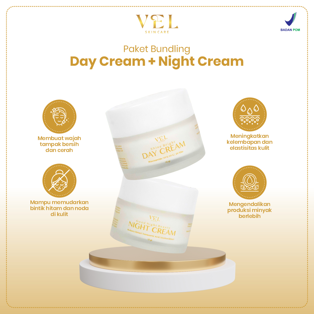 Paket Bundling Shine Bright Day Cream 15gr + Good Night Beauty Night Cream 15gr VEL Skincare Paket D