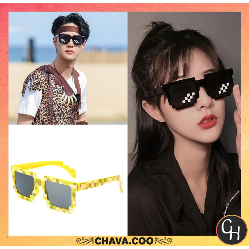 CHAVA | KC1241 Kacamata Thug Life Double Mosaic Sunglasses Kaca Mata Kotak Hitam Wanita Pria Unisex 