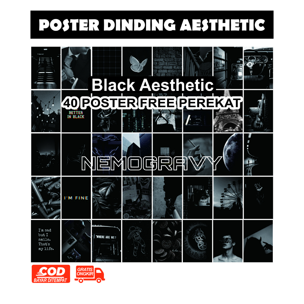 Poster Dinding Kamar Aesthetic Black Series 40 pcs