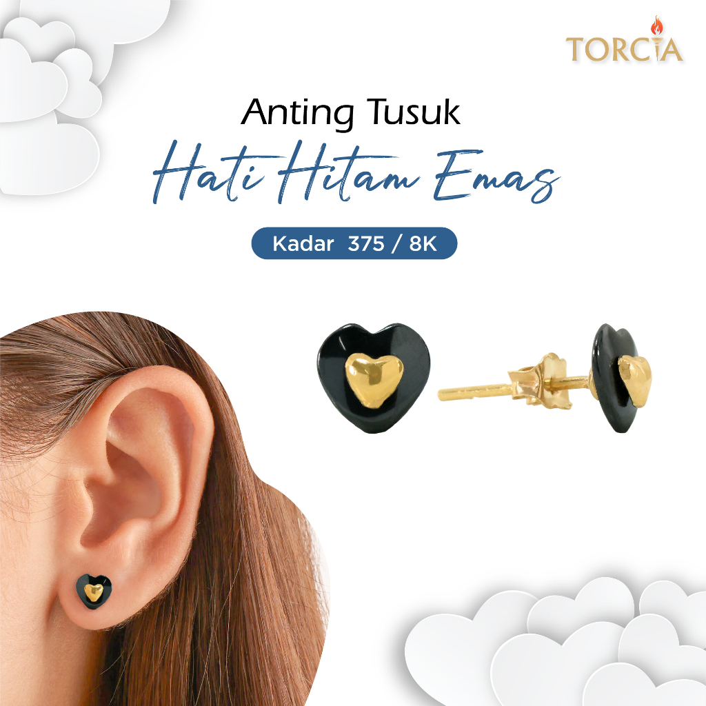 Anting Tusuk Emas Asli Model Hati Hitam Emas Kadar 375 Torcia
