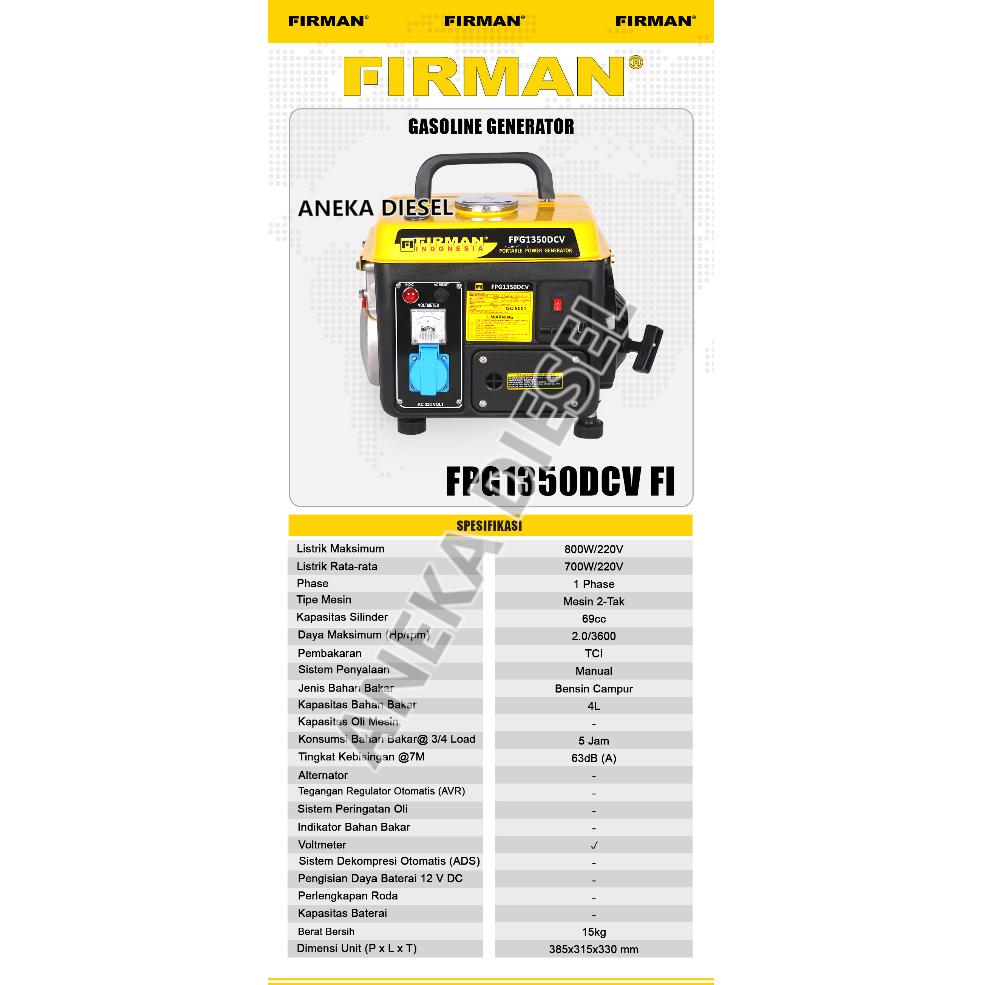 Mesin Genset 2 Tak 800W FIRMAN FPG 1350DCV FI Gasoline Generator 2 Tak 800W FPG 1350DCV FI FIRMAN Pe