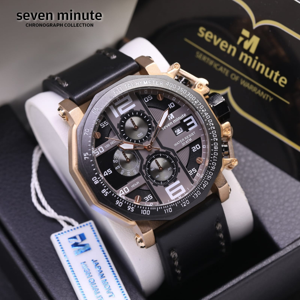 Jam Tangan Pria Seven Minute-602 Original Tali Kulit Body Bulat Chrono Tanggal Aktif Box Exclusive