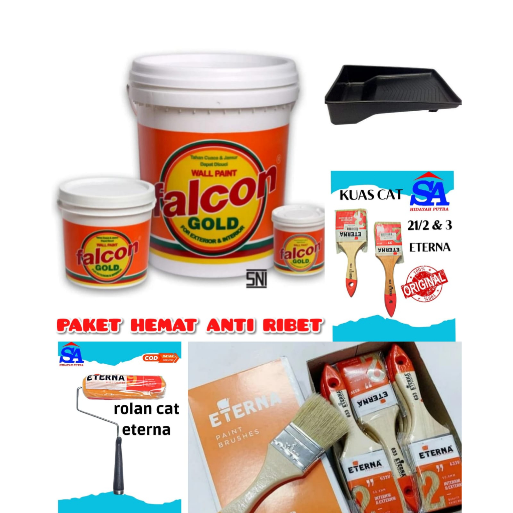 PAKET CAT TEMBOK FALCON GOLD 5 KG GALON PUTIH DAN WARNA / cat tembok putih 5kg / KUAS ROLL BESAR 9" 