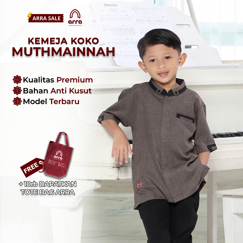 ARRA - Baju Koko Muthmainnah Fashion Muslim Anak Laki Laki Warna Coffee Mint Mustard Bahan Madina Cotton - Size XS S M L XL XXL