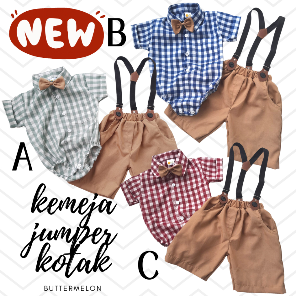 Setelan Baju Bayi Laki-Laki Kemeja Jumper Kotak + Celana Suspender | Outfit Bayi Cowok 3-6 Bulan BM