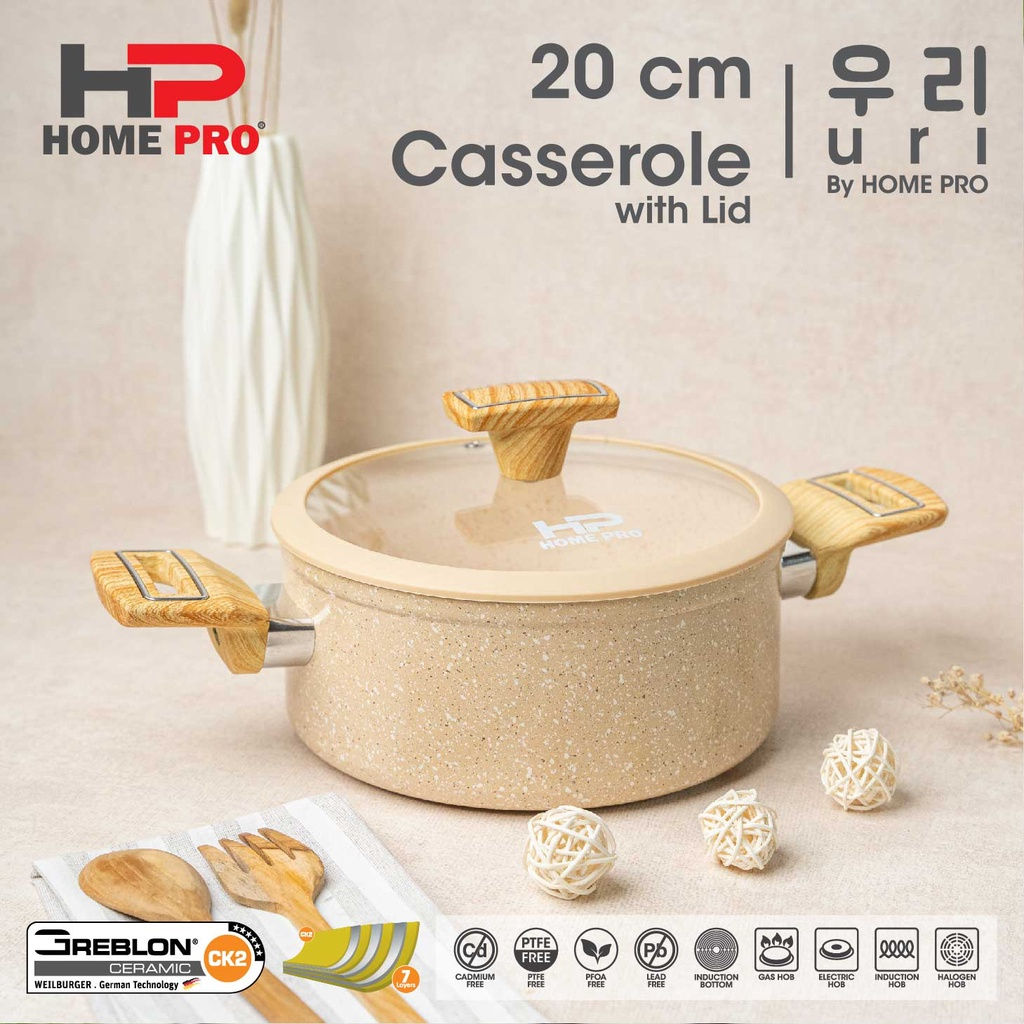 HOME PRO Uri Series Granite Ceramic Casserole 20 cm with Lid Panci Anti Lengket