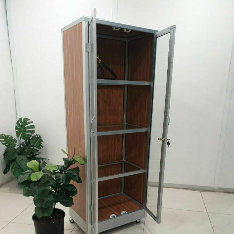 TC ALUMINIUM LE776 60X40X160 S LEMARI RAK 4 SUSUN ALUMINIUM TEBAL ACP SISI, BAWAH, BELAKANG KACA BEN