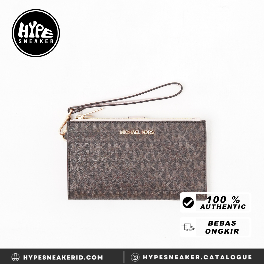 Dompet MK MONOGRAM DARK BROWN PINK FLAP BIFOLD LONG WALLET WITH HANDLE 100% ORIGINAL