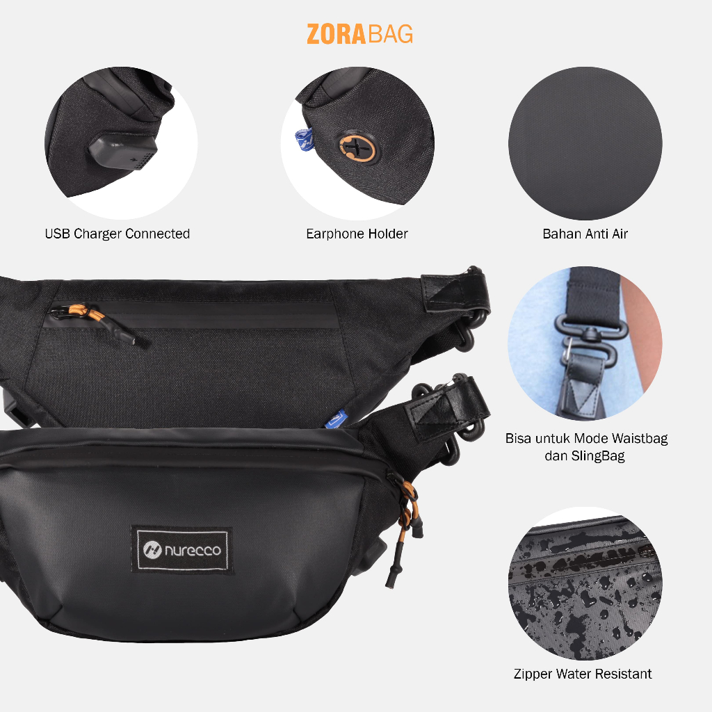 Nurecco Tas Waistbag Zuno Tas Dada Pria Tas Peria Waistbag Tas Selempang Laki2 Usb Tad Cowok Slempan