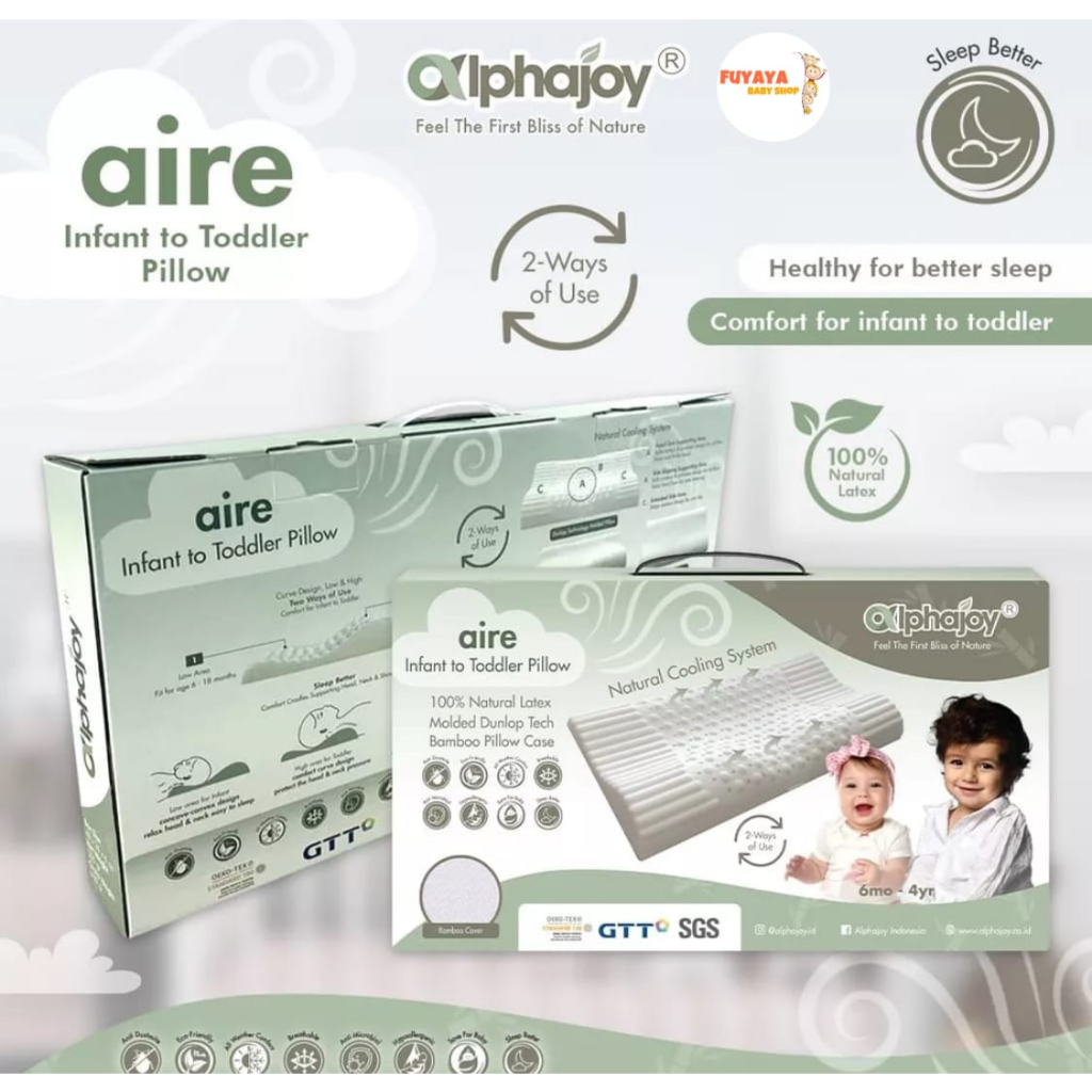 ALPHAJOY - AIRE (47x25x5cm) Infant to Toddler Pillow 100% Natural Latex with Bamboo Case / Bantal Ko
