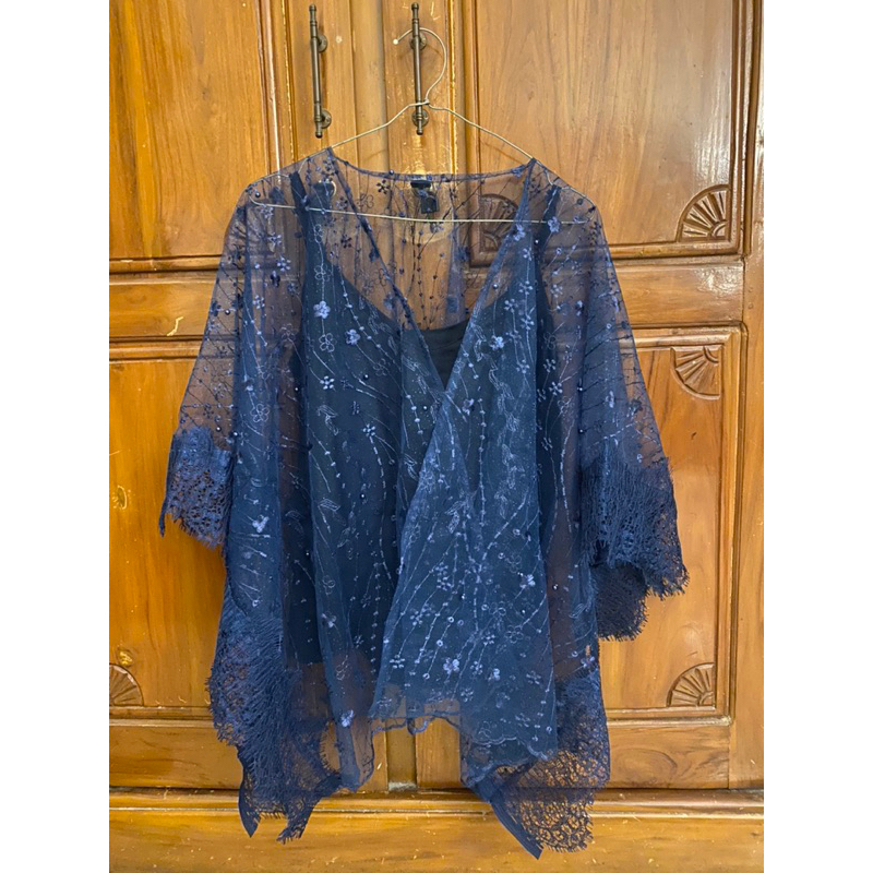 preloved set outer & inner brukat navy / set kondangan / outer brokat / satin tanktop / outer kondan