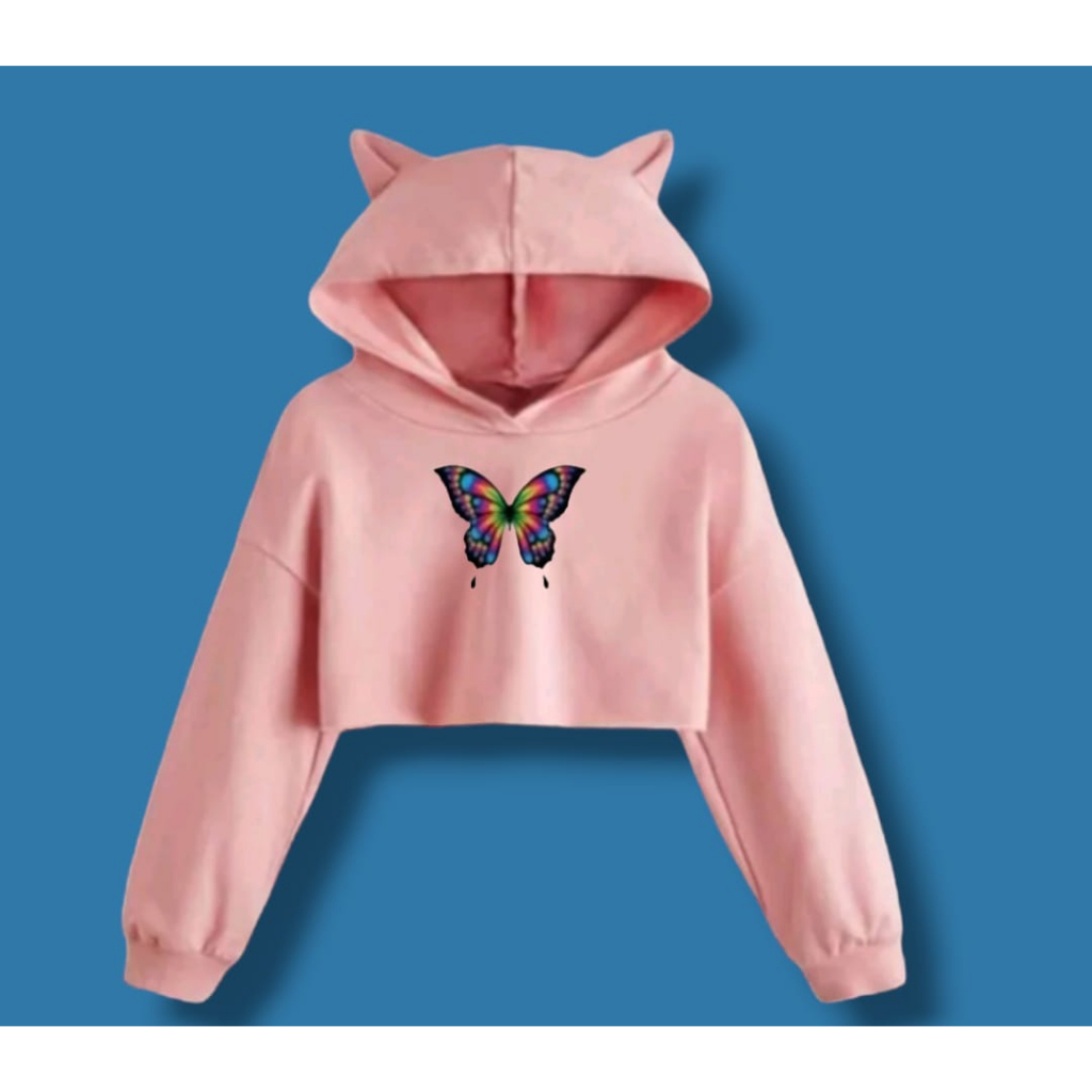 Hoodie crop top anak perempuan buterflay,style korea, sweater crop anak