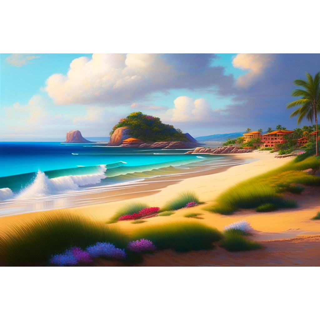 Lukisan Kanvas Pemandangan Pantai Menggunakan Cat Minyak