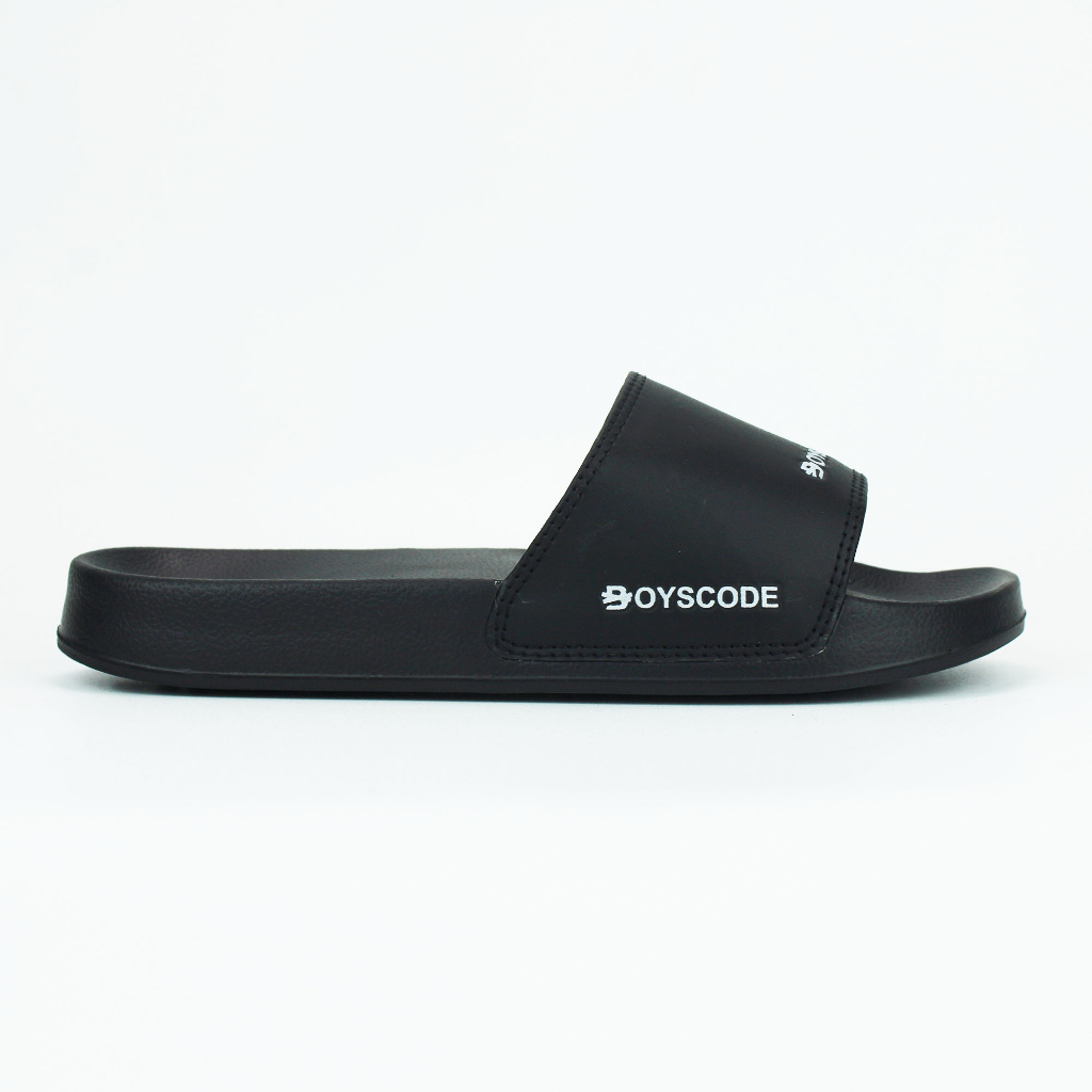 Sendal Selop Karet Distro Pria Wanita BOYSCODE Mid Logo Emboss Hitam / Slip On Pria / Slop Pria / Slide Pria