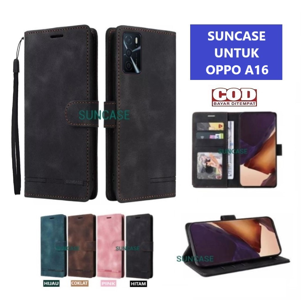 Casing OPPO A16 model flip buka tutup case kulit ada tempat foto dan kartu juga tali hp flip cover