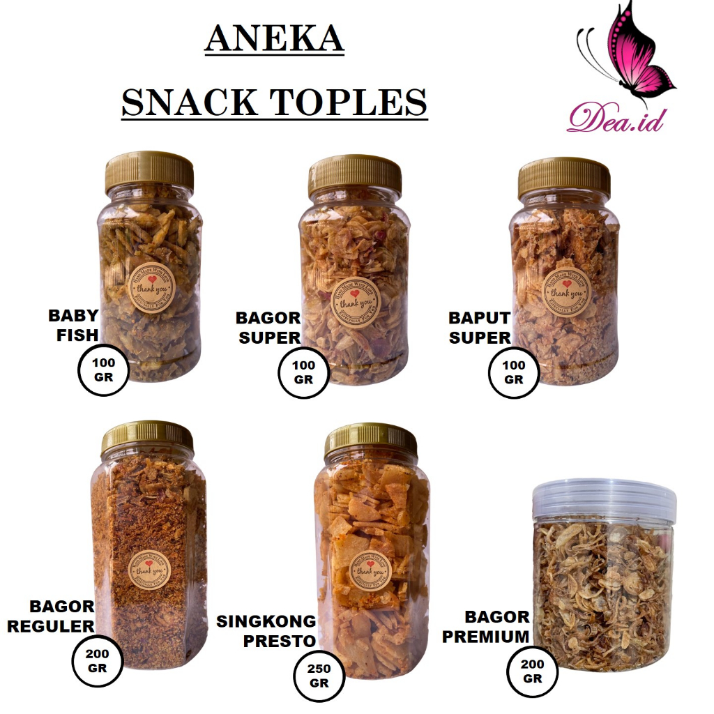 

[DEASTORE] ANEKA SNACK TOPLES - BUMBU DAPUR TOPLES - BRAMBANG BAWANG GORENG BREBES PREMIUM - BAWANG PUTIH GORENG SUPER - KERIPIK IKAN BABY FISH NILA RENYAH - KERIPIK SINGKONG YA AYA PRESTO SUPER RENYAH