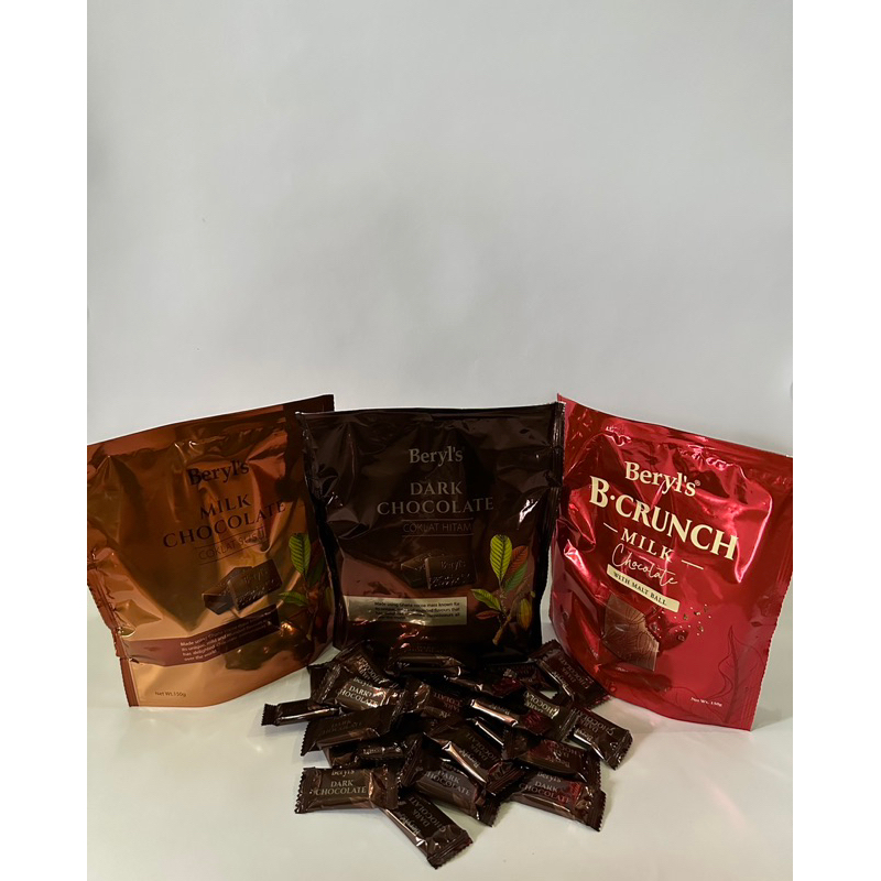

beryls chocolate dark chocolate, milk chocolate, almond crunchy, milk crunchy