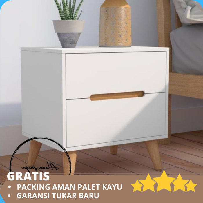Meja Nakas Minimalis Aesthetic Kamar Tidur 2 Laci Putih Lis Serat Kaki Kayu