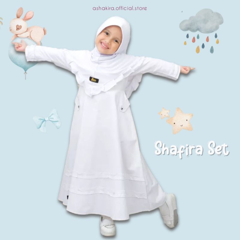 Gamis Manasik Putih Shafira SET HIJAB Dress Anak Gamis Anak 1 - 14 Tahun ASHAKIRA Official Setelan M